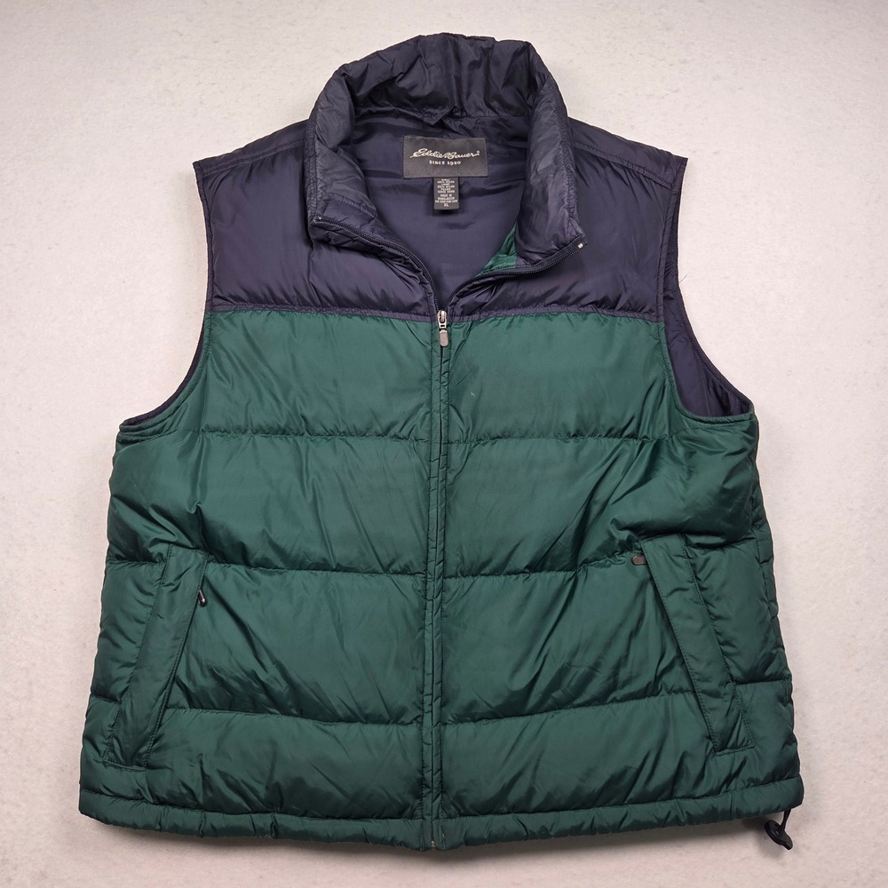Vintage Eddie Bauer Goose Down Puffer Vest Mens XL Green Navy Blue Colorblock